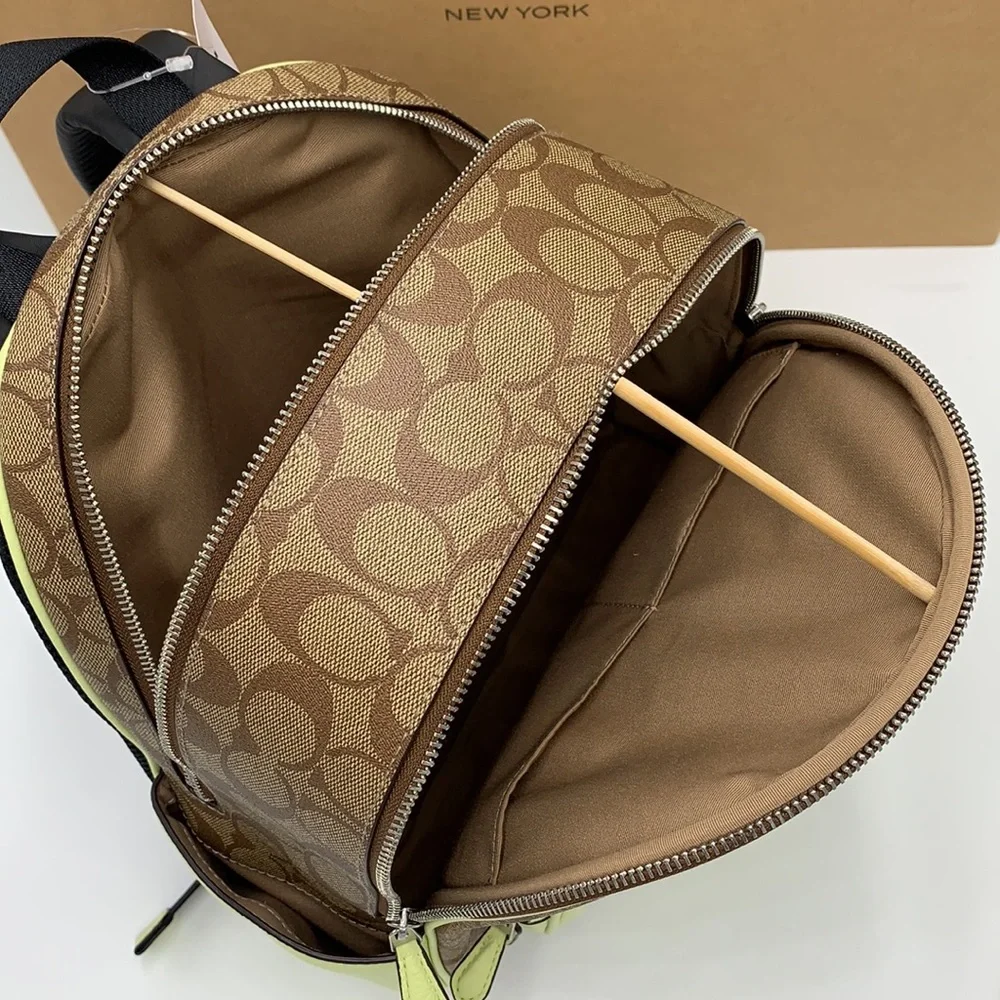 COACH NWT COURT BACKPACK IN SIGNATURE CANVAS KHAKI PALE LIME COLOR - Picture 15 of 16